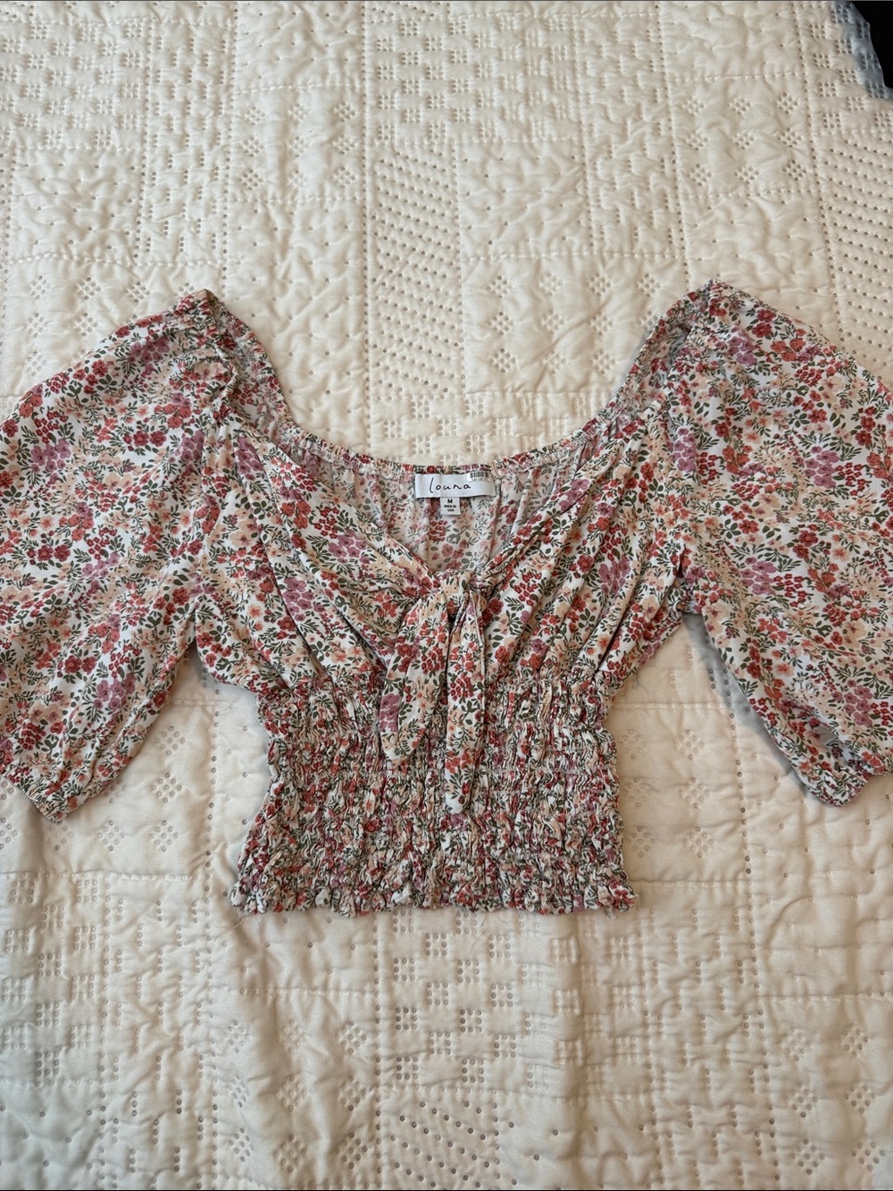 Louna Floral Smocked Crop Top in Pink & Cream